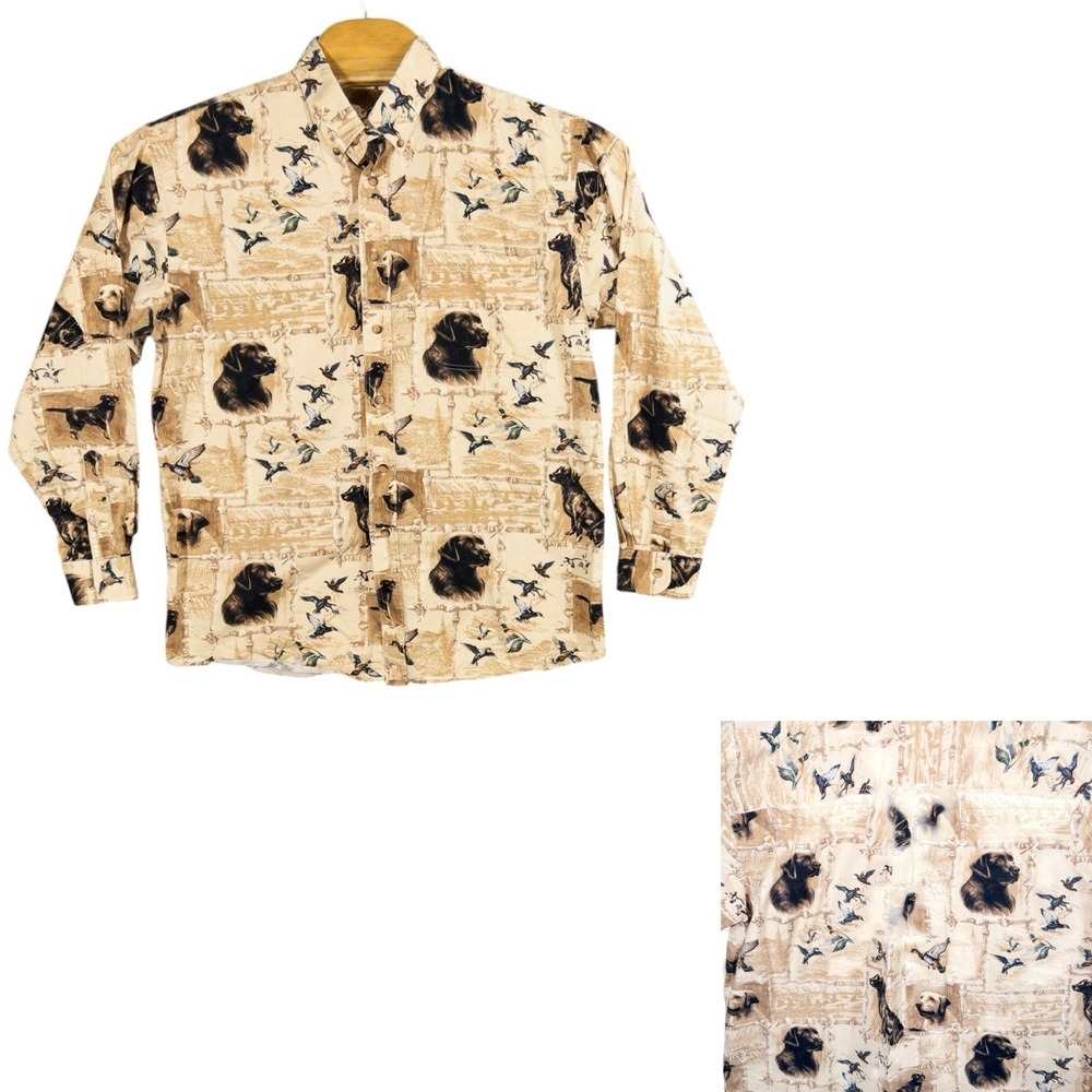 Morgan Creek Mens‎ L Duck Hunting Labrador Dog All Over Print Cotton Button Up